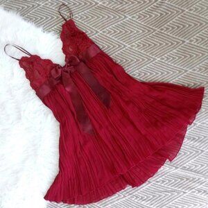 NEW Pleated Bow Babydoll Flyaway Lace Slip Red